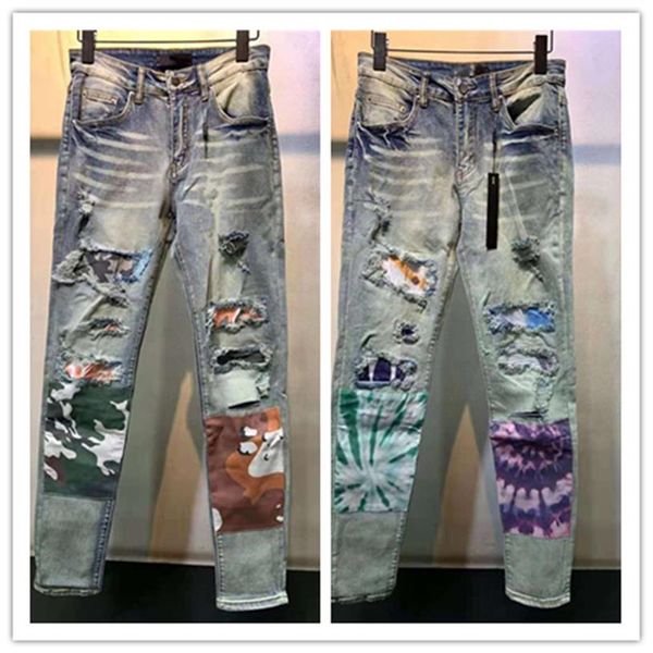 Luxurys Designer Herren Jeans Mode am-Typ Casual Camouflage Patch Skinny Stretch Männer Jean Bleistift Ripped Holes Hip Hop Reißverschluss Den233k