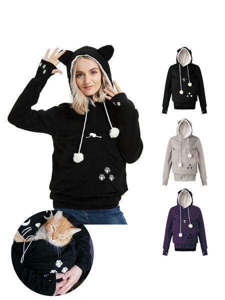 Felpe con cappuccio da donna in caldo pile a maniche lunghe autunno inverno con cappelli - Tasca grande per felpe pullover per cani gatti e animali domestici unisex