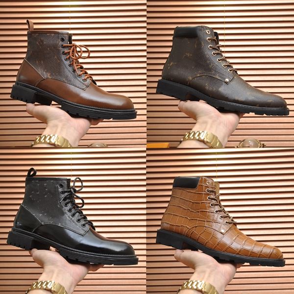 Designer homens botas cowskin martin botas ao ar livre fundo grosso meados de comprimento boot baixo salto rendas até dedos redondos sapatos masculinos tamanho 38-45 com caixa
