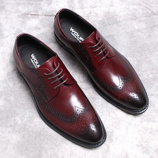 Sapatos de vestido homens luxo oxford italiano borgonha preto couro genuíno apontou toe lace up casamento escritório formal brogue