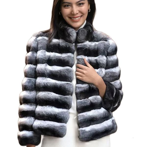 Damen-Fell-Imitat-Damen-Chinchilla-gestreifte Jacke. Echter Rex-Kaninchen-Fell-Allinone-Mantel, Länge 60 cm, Paketpost, Winterdick, 230915