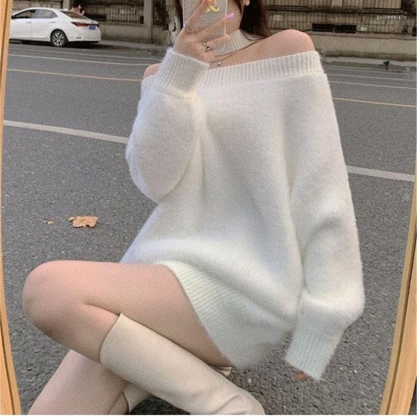 Kadın Sweaters 2023Autumn Koreli Örgü Kadın Seksi Yular Çapraz Soğuk Omuz Beyaz Örme Jumpers Zarif Gevşek Büyük Boy Kazan