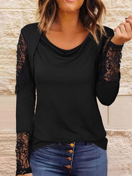 Camicette da donna Camicette in pizzo con impunture a maniche lunghe Camicetta con collo ad anello Camicia moda autunnale Primavera Donna Camicie streetwear vintage femminili Top design