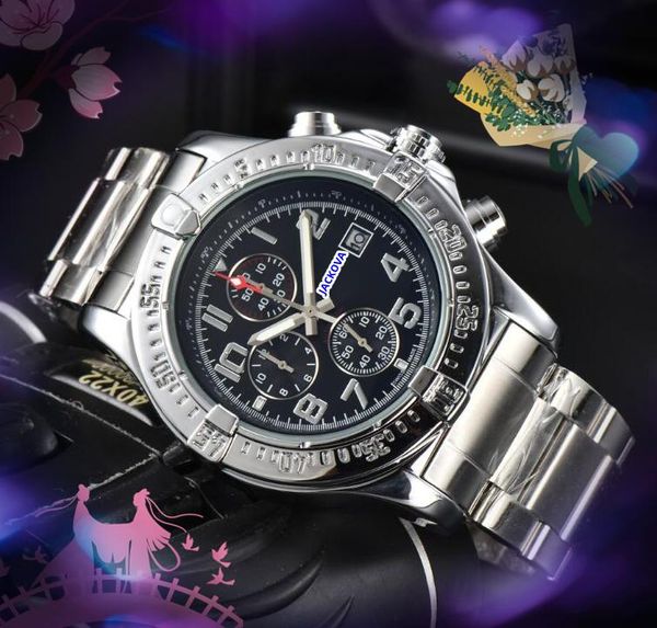 Quadrante secondario Lavoro Data automatica Cronometro da uomo Orologi Batteria al quarzo di lusso Orologio super luminoso Luminoso Popolare Cassa in argento nero Modello Big Top Chiusura pieghevole Orologio da regalo