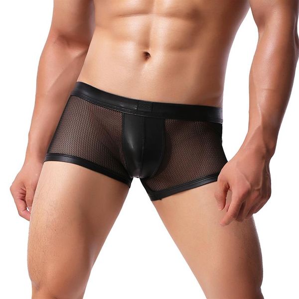 Sexy malha dos homens gay roupa interior boxers homme náilon falso bolsa de couro masculino transparente boxer shorts cueca homem underwear3426