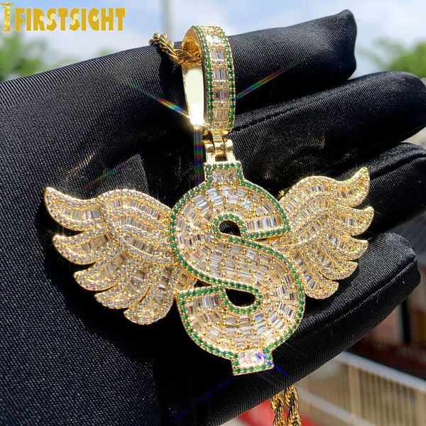 Charms Iced Out Bling Wing Pingente Pingente Gold Bated Cz Cubic Zirconia letra Dollar Símbolo Dinheiro Charm Men Women Hip Hop Jóias 230915