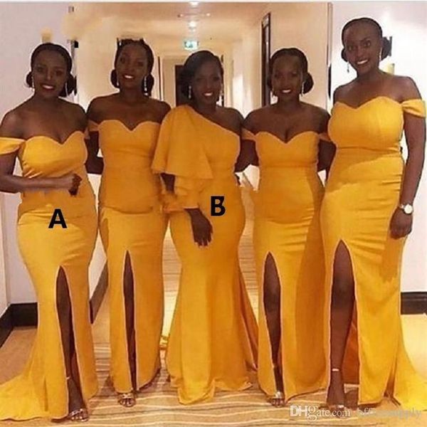 Elegante africano amarelo vestidos de dama de honra com sexy split um ombro fora do ombro sereia vestido de casamento para convidados robe de marie3246