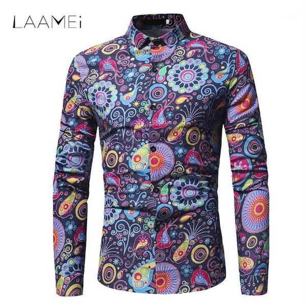 Laamei Camicie stampate a maniche lunghe da uomo Abito slim fit Primavera Autunno Camicie stile africano di grandi dimensioni Camicia hawaiana rovesciata12893