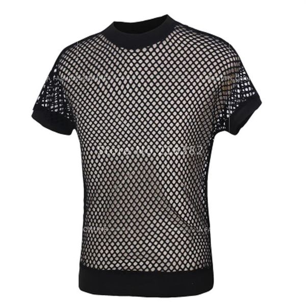 Whole- sNew Fashion Sexy Men's Black Fishnet TopsTransparent Mens T-shirts Net Mesh Gay See-Thru Funny Shirt Undersh264d