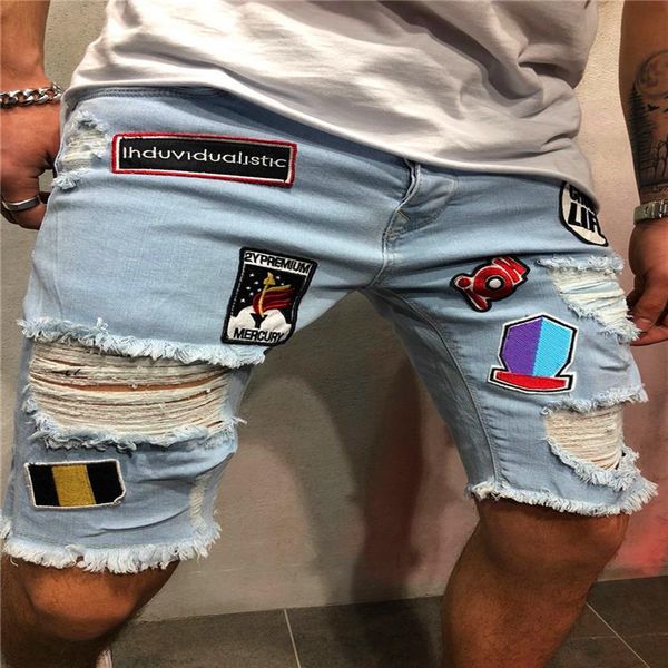 Verão rasgado shorts masculinos em linha reta solto mendigo buraco denim alta rua hip hop jeans masculino 220321233o