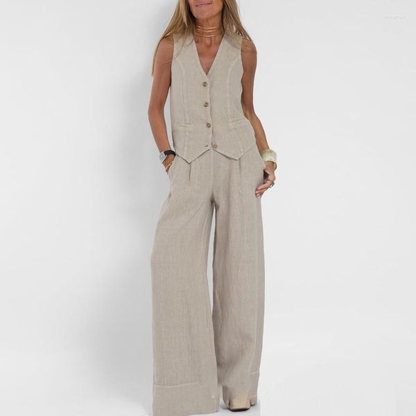 Abiti da donna primaverili phere puro gilet per leisure set di cotone lino a v collo bottone tops pantaloni abiti senza maniche