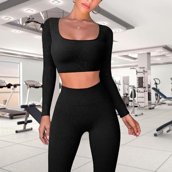 Damen-Zweiteiler, einfarbig, lässig, 2-teiliges Set, langärmeliges Crop-Top und Leggings mit hoher Taille, Bauchkontrolle, Farbe, Yoga