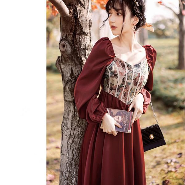 Casual Kleider Retro Rote Ölgemälde Für Frauen Herbst Französisch Gericht Stil V-ausschnitt Sexy Puff Sleeve Kleid Elegante Weibliche Abend vestidos