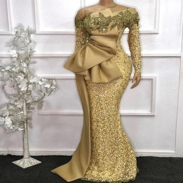 2021 sexy elegante africano mangas compridas rendas sereia vestidos de baile ouro ver através do ombro lantejoulas cristal frisado noite gow276s