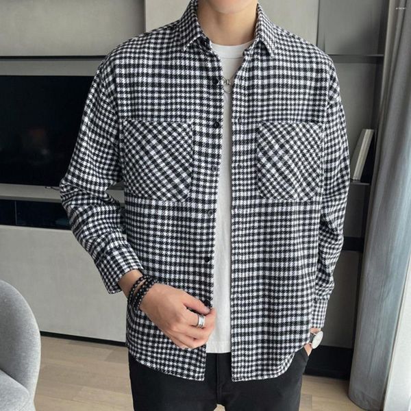 Homens camisetas Mens Moda Casual Solto Bonito Carga Checkered Manga Comprida Street Wear Blusa Tops para Primavera Outono