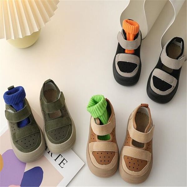 Turnschuhe Kinder Frühling Sommer Echtes Leder Sandalen Jungen Atmungsaktive Lycra Hohl Tuch Schuhe Baby Weichen Boden Barfuß 230915