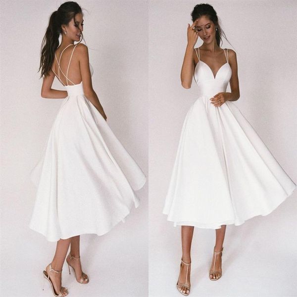 Сексуальное короткое свадебное платье 2021, тонкие бретели, перекрещивающиеся, простые атласные свадебные платья с V-образным вырезом, трапециевидное платье для невесты Vestidos De Noiva2650