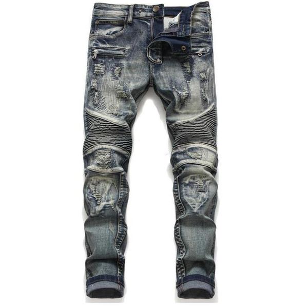 Klassische Herren-Biker-Jeans, männlich, schmal, gerade, Knie-Drape-Panel, Moto-Biker-Jeans, zerstört, zerrissen, Stretch, Hip-Hop-Hose273q