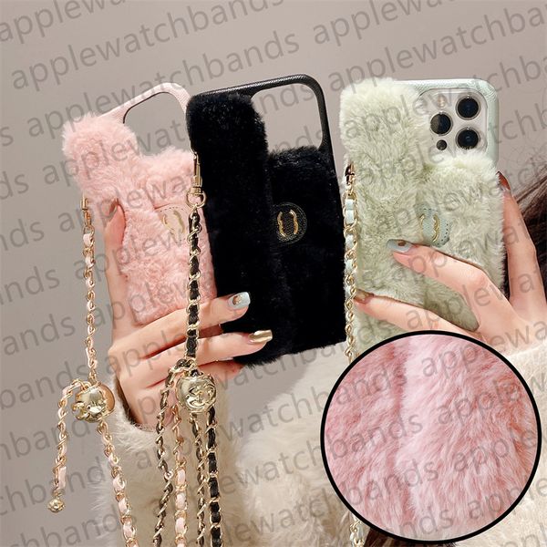 Capas de telefone crossbody de marca de luxo para Apple iPhone 15 Pro Max 14 Pro Max 12 13 14promax 14plus Designer Carteira Titular de cartão de pelúcia iPhone Case Chain Lanyard Mobile Cover