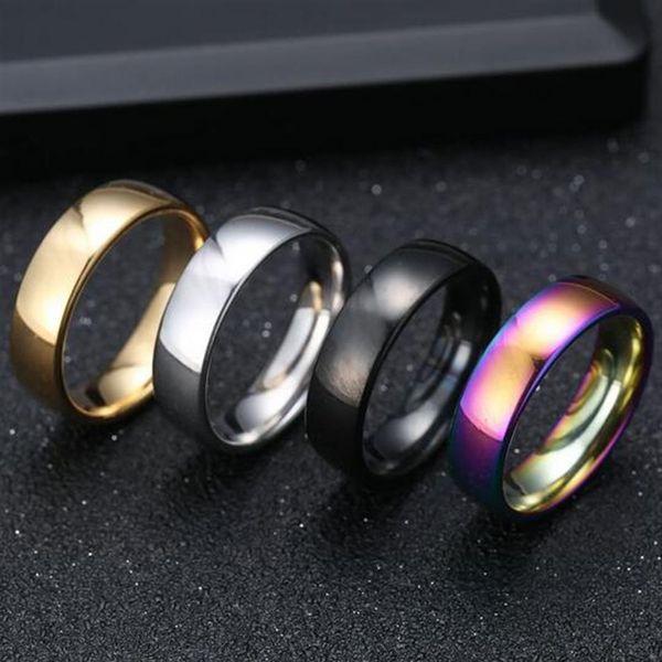 Lotti sfusi 100 pezzi Mix lotto ORO ARGENTO NERO ARCOBALENO 6mm Anelli nuziali in acciaio inossidabile Anelli di fidanzamento a fascia semplice unisex 310T