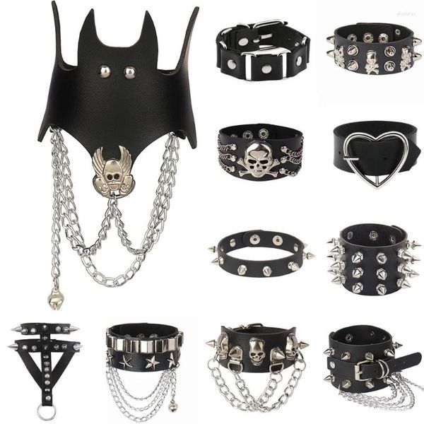 Braccialetti con ciondoli DIEZI Punk Goth Bat Scheletro Bracciale avvolgente Donna Uomo Vintage Harajuku Nero PU Pelle Braccialetti con catena Gioielli di Halloween