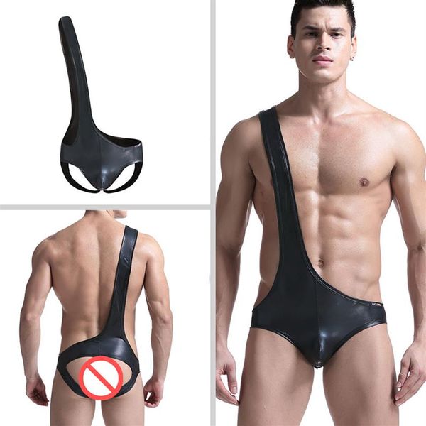 Sexy masculino preto couro de patente undershirts macacão cintura fina bodysuit erótico gay stripper sem mangas blusa underqwear b228x