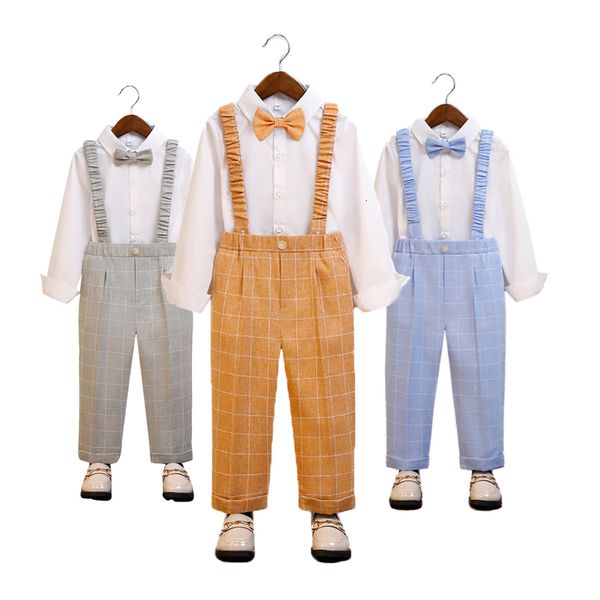 Anzüge Kinder Frühling Herbst Kleider Jungen Hemd Latzhose Bowtie Kleidung Set Britische Kinder Host Klavier Leistung Hochzeit Kostüm 230915