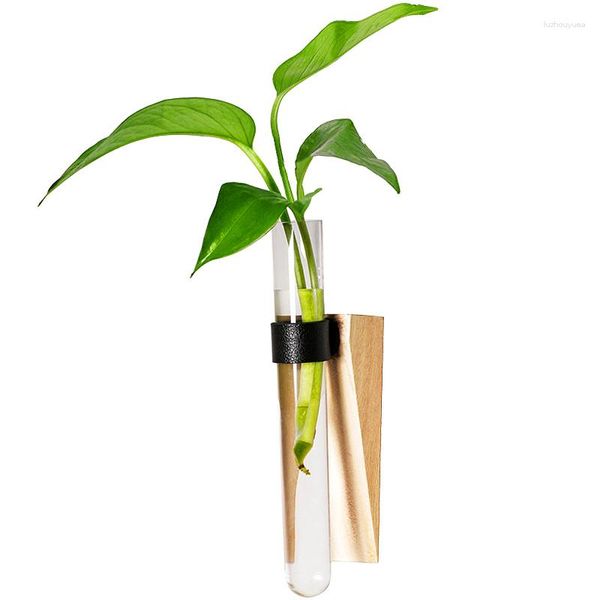 Vasi Vaso per provette trasparente autoadesivo con supporto in legno Forma creativa per tubi Supporto per piante idroponiche Decorazione da tavolo a parete