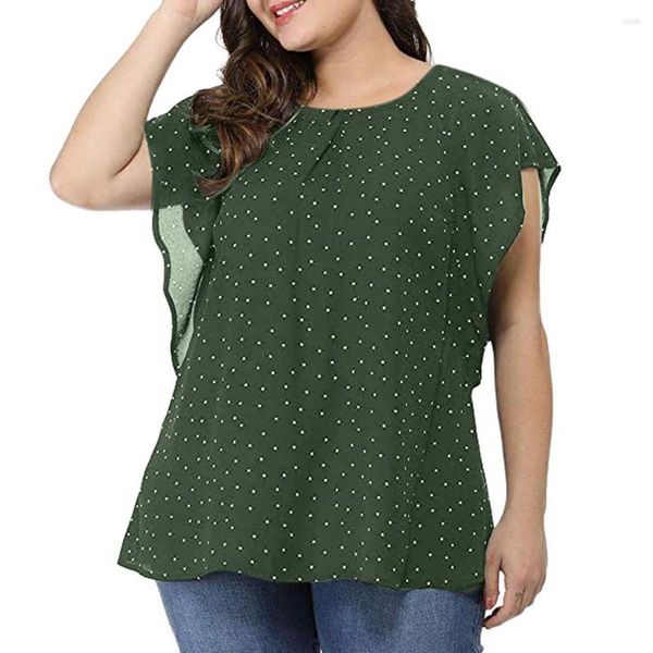 Camiseta feminina verão plus size plissado manga camisa topo polka dot chiffon blusa moda simples versátil roupas 2023