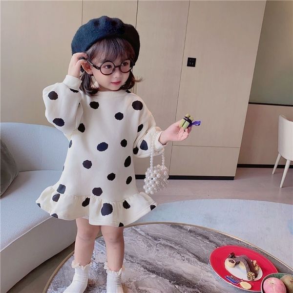 Taufkleider Kleinkind Mädchen Warme Pullover Kleid 2023 Winter Koreanische Kinder Spleißen Plissee Kinder Polka Dot Gedruckt Casual Kleidung 230918