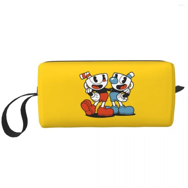 Kozmetik Çantalar Oyun Karikatür Cuphead Mugman Seyahat Çantası Kadın Tuvalet Makyaj Organizatör Bayanlar Güzellik Depolama Dopp Kit Vaka Kutusu