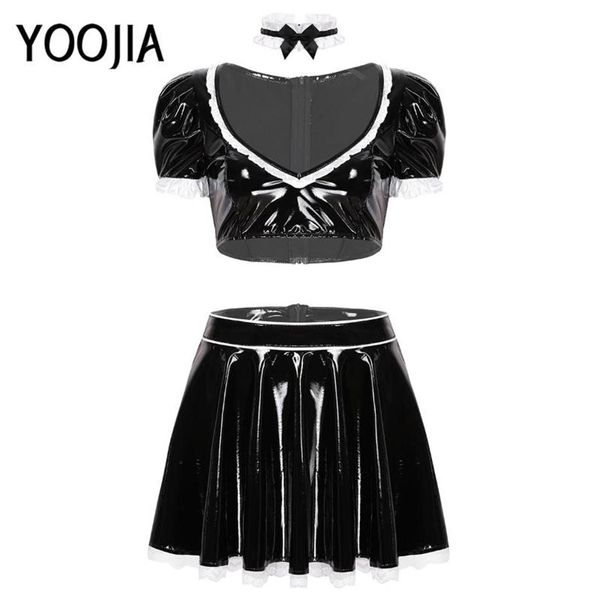 BHs Sets Damen Erwachsene Maid Cosplay Kostüm Lackleder WetLook V-Ausschnitt Puffärmel Top Rüschen Hochhaus A-Linie Kurzer Rock Set213L