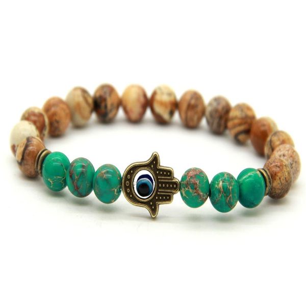 Nova chegada inteira 10 peças lote imagem jaspe azul mar sedimento pedra antigo bronze hamsa proteção stretch bracelets307t