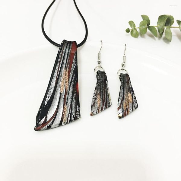 Collier boucles d'oreilles ensemble 1 feuille noire glaçure colorée Style chinois verre de Murano couteau pendentif boucle d'oreille bijoux pour femmes cadeau