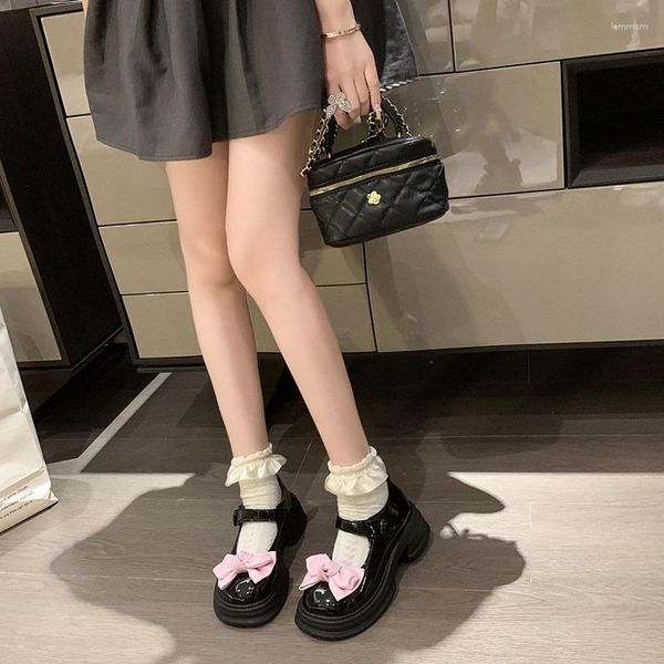 Sapatos de vestido Mary Jane Mulheres Plataforma Lolita Chunky Med Heels Round Toe Ankle Strap Bowtie Bombas