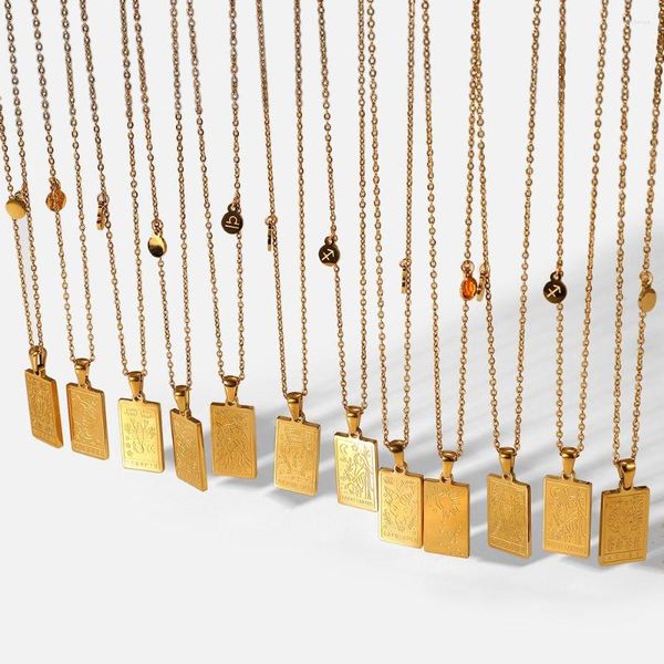 Correntes de aço inoxidável 12 constelações colar quadrado medalha pingente moda impermeável metal 18k cor ouro signo do zodíaco
