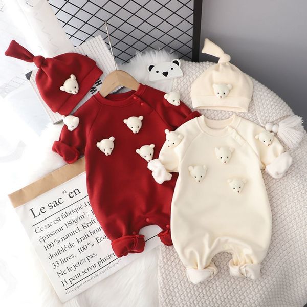 Strampler Herbst Winter Baby Strampler 0 2 Jahre geboren Junge Mädchen Langarm Bär Fleece Hut Overall Overall Outwear Warme Kleidung 2023 230918