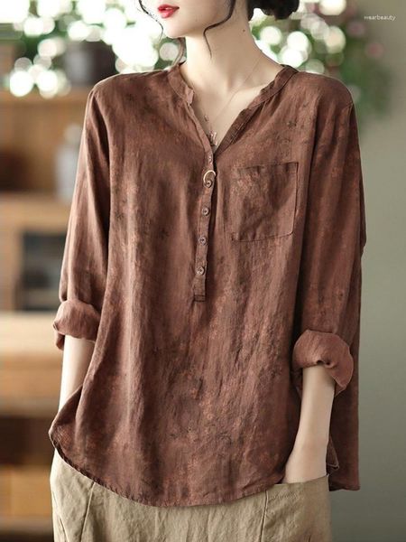 Damenblusen Frauen Langarm Casual Shirts Ankunft 2023 Vintage-Stil V-Ausschnitt Blumendruck Lose weibliche Baumwolle Leinen Tops Shirt D364