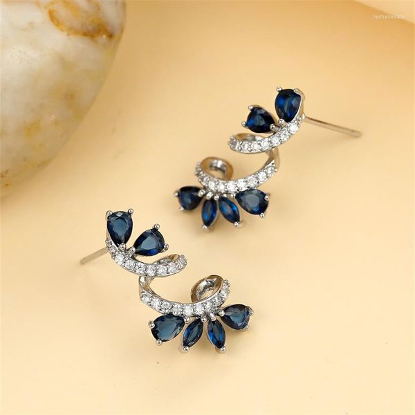 Brincos de garanhão Pêra Corte Royal Blue Stone Flor para Mulheres Cor Prata Luxo Zircão Casamento Ear Studs Jóias Nupciais Presentes