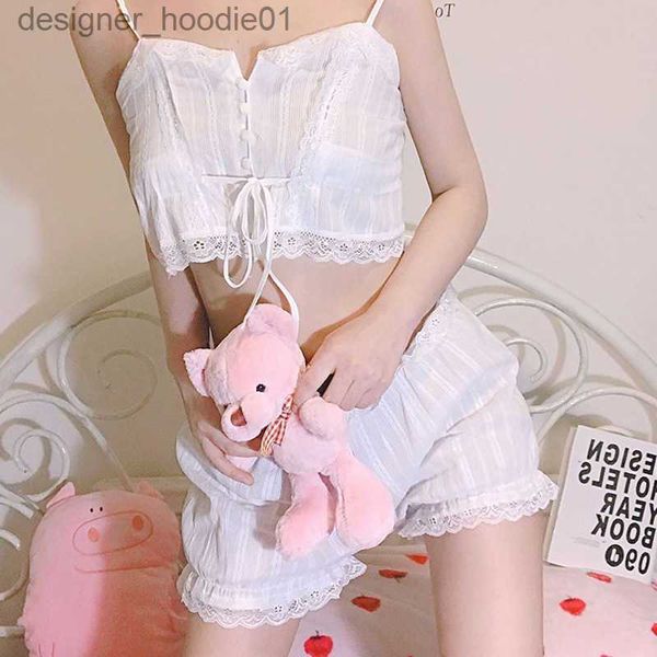 Seksi set caiyier yaz kadın pamuk pijama setler seksi dantel kapalı omuz sapan kol üstleri mini şortlar cazibe bardot iç çamaşırı q0706 l230918