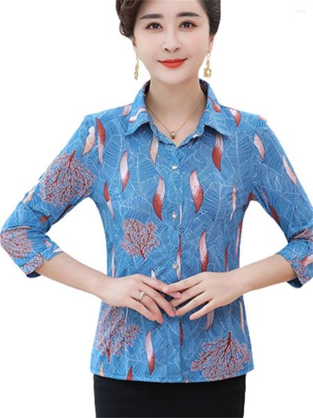 Blouses femininas mulheres da primavera camisas do verão Lady Fashion Casual Halva Slave Turn-Down Printing Feather Blusas Tops WY0492