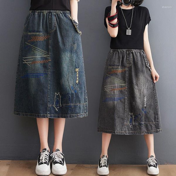 Röcke Schleifen Weiß Loch Stickerei Gewaschen Denim Rock Lose frauen Elastische Taille Vintage Jeans A-Line Mujer Faldas H849