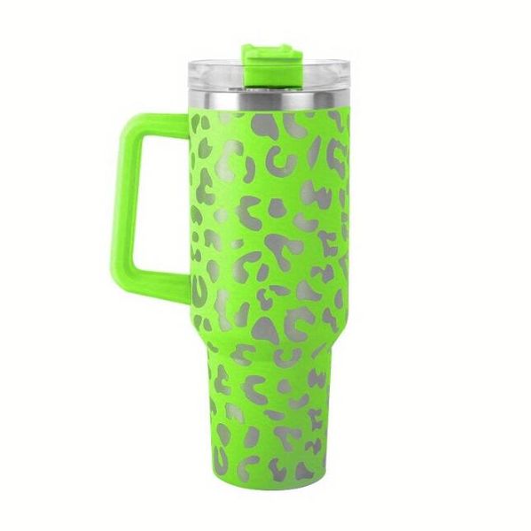 Taşınabilir Söndürücü 40Oz Tumbler Leopar Baskı Paslanmaz Çelik Çift Duvar Vakum Metal Kupa Saplı Kapak Saman Büyük Kapasiteli Bira Kupa Su Şişesi Toz Bardak