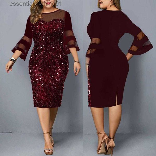 Vestidos casuais básicos elegantes mulheres vestido formal lantejoulas fio líquido plus size flare manga bodycon vestido para casamento plus size roupas femininas l230918