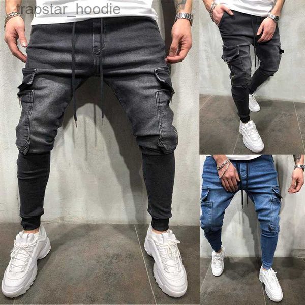 Jeans masculinos homens slim fit skinny jeans moda cintura elástica angustiado estiramento denim corredores buracos lavados destruídos calças de bolso grande k137 l230918