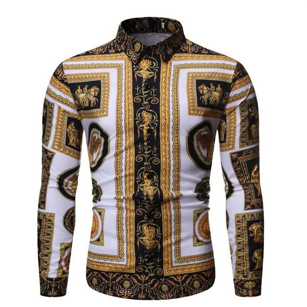 Männer Casual Hemden Mode Männer Barock Floral Royal Langarm Print Designer Kleid Fancy Slim Social Gold Shirt188z