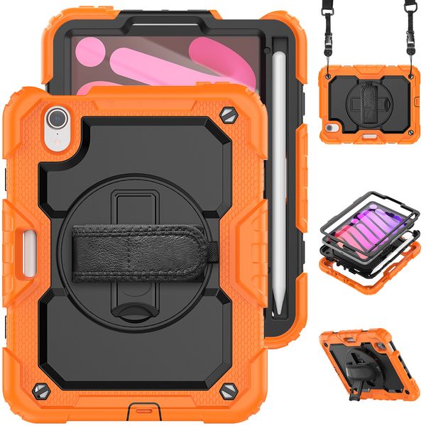 Capa para tablet com alça de mão com suporte giratório 360 para iPad Mini 6 5 4 Capa de silicone resistente para crianças Capas seguras à prova de choque com protetor de tela Alça de ombro de filme PET