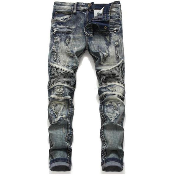 Klassische Herren-Biker-Jeans, schmal, gerade, knielang, drapiert, Moto-Biker-Jeans, zerrissene Stretch-Hip-Hop-Hose # 1806272F