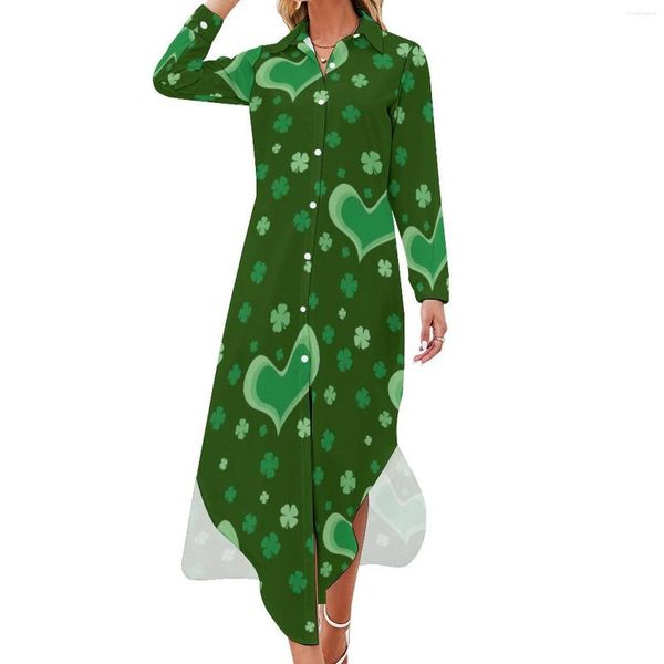 Lässige Kleider, grüne Herzen, bedrucktes Chiffon-Kleid, sexy V-Ausschnitt, St. Patrick's Day, Kawaii-Damen, ästhetisches Geburtstagsgeschenk