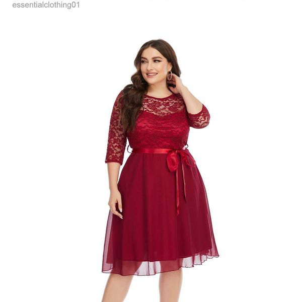 Grundlegende Freizeitkleider Weiß Rot Damen Chiffon Elegantes Midikleid Spitzenkleider Für Plus Size Hochzeiten Party Halbarm Sommer Große Größen Kleidung 5XL L230918